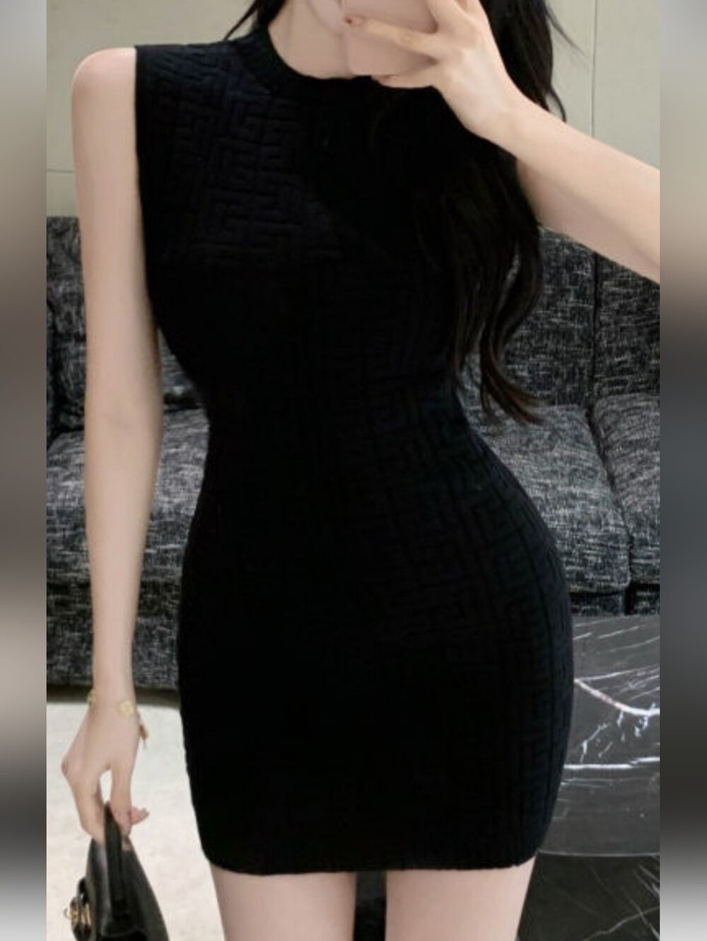 Monogram Knit Mini Stylish Bodycon Black Dress